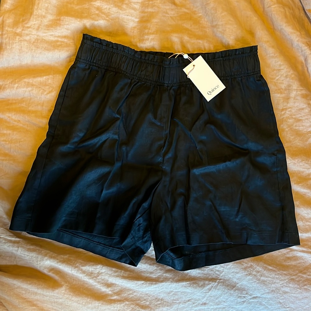 Quince European Linen High Waisted Shorts in Black sz L Large NWT Elastic Waist